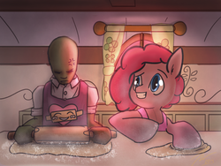 Size: 1600x1200 | Tagged: safe, artist:firgof, pinkie pie, oc, oc:anon, human, g4, baking, batter, rolling pin, sugarcube corner