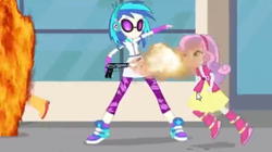 Size: 487x272 | Tagged: safe, edit, edited screencap, screencap, dj pon-3, sweetie belle, vinyl scratch, equestria girls, g4, music to my ears, gun, youtube, youtube link, youtube poop