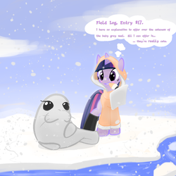 Size: 900x900 | Tagged: safe, artist:firgof, twilight sparkle, seal, g4, boots, clothes, comic, snow, snowfall, winter, winter outfit
