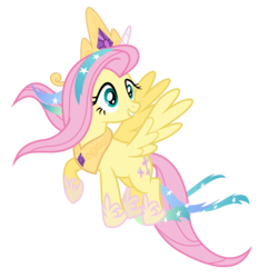 Size: 6000x6196 | Tagged: safe, artist:masem, fluttershy, pegasus, pony, g4, testing testing 1-2-3, .svg available, absurd resolution, celestia costume, celestia's crown, clothes, costume, crown, fake horn, female, flying, jewelry, mare, peytral, regalia, shylestia, simple background, solo, spread wings, transparent background, vector, wings