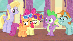 Size: 500x281 | Tagged: safe, screencap, apple bloom, cloud kicker, scootaloo, snips, spike, dragon, earth pony, pegasus, pony, unicorn, for whom the sweetie belle toils, g4, animated, bow, bucktooth, colt, comforting, female, foal, hair bow, heart of gold, kind, lifting chin, male, mare, raised eyebrow, reassurance, smiling, sunglasses, talking, text, upset
