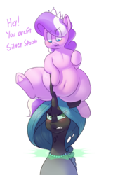 Size: 579x899 | Tagged: safe, artist:secretgoombaman12345, diamond tiara, queen chrysalis, silver spoon, changeling, changeling queen, ask chubby diamond, g4, annoyed, asshat, belly, belly button, blushing, butt, chubby, dialogue, fat, female, plot, pony hat, riding, this will end in death, this will end in tears, this will end in tears and/or death, underhoof