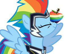 Size: 230x190 | Tagged: safe, rainbow dash, zapp, pegasus, pony, g4, balancing, eyes closed, female, ponies balancing stuff on their nose, pun, simple background, solo, transparent background, visual pun, zap apple