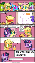 Size: 914x1648 | Tagged: safe, artist:thelonelyartisian, applejack, bon bon, derpy hooves, fluttershy, sweetie drops, twilight sparkle, earth pony, pegasus, pony, unicorn, comic:pie eating contest, g4, blindfold, comic, female, mane six, mare, mouth hold, party, pin the tail on the pony