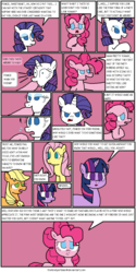 Size: 912x1818 | Tagged: safe, artist:thelonelyartisian, applejack, pinkie pie, rarity, twilight sparkle, earth pony, pegasus, pony, unicorn, comic:pie eating contest, g4, comic, dialogue, female, hoof in mouth, imminent vore, implied vore, mare, wide eyes