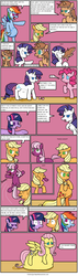 Size: 932x3297 | Tagged: safe, artist:thelonelyartisian, applejack, cheerilee, fluttershy, pinkie pie, rainbow dash, rarity, twilight sparkle, earth pony, pegasus, pony, unicorn, comic:pie eating contest, g4, abdominal bulge, blushing, burp, casual vore, comic, eaten alive, female, fetish, flutterpred, impossibly large belly, mane six, mare, party, predajack, preddash, raripred, surprised, tail, tail pull, tail sticking out, unicorn twilight, vore, wide eyes