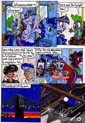 Size: 1373x1986 | Tagged: safe, artist:newyorkx3, flash sentry, spike, twilight sparkle, oc, oc:tommy, alicorn, human, pony, comic:twilight and the big city, g4, adorkable, carousel, comic, cute, dork, female, mare, non-mlp oc, ponies riding ponies, riding, self insert, traditional art, twiabetes, twilight sparkle (alicorn)