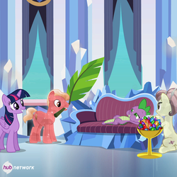 Size: 549x550 | Tagged: safe, screencap, crystal varado, fleur de verre, spike, twilight sparkle, alicorn, crystal pony, pony, equestria games (episode), g4, crystal empire, female, hub logo, mare, physique difference, slender, spike the brave and glorious, thin, twilight sparkle (alicorn)