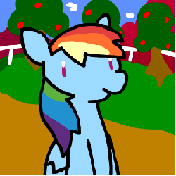 Size: 300x300 | Tagged: safe, artist:caitsith511, rainbow dash, pegasus, pony, g4, animated, apple, blushing, cider, crossed hooves, cute, dashabetes, drinking, eyes closed, feeding ponies, female, floppy ears, hand, hoof hold, mare, offering, open mouth, rejected, smiling, solo focus, tree