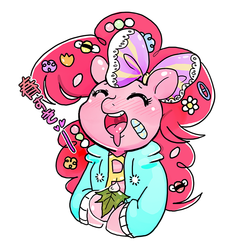 Size: 601x645 | Tagged: safe, artist:picorna, pinkie pie, earth pony, semi-anthro, ask harajukupinkiepie, g4, bow, clothes, decora, female, flower, flower in hair, hair accessory, hair bow, harajuku, japanese, simple background, solo, white background