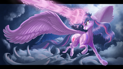 Size: 1920x1080 | Tagged: safe, artist:zookz25, twilight sparkle, alicorn, pony, g4, badass, buff, colored, female, impossibly large wings, impossibly long tail, large wings, lighting, long mane, magic, magic blast, mare, muscles, semi-realistic, shading, solo, spread wings, sternocleidomastoid, striped mane, striped tail, tail, twilight sparkle (alicorn), wallpaper, wings