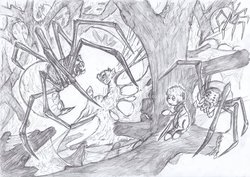 Size: 1024x725 | Tagged: safe, artist:brony-f, spider, bilbo baggins, desolation of smaug, monochrome, ponified, spawn of ungoliant, the hobbit