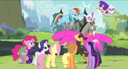 Size: 640x345 | Tagged: safe, screencap, applejack, discord, fluttershy, pinkie pie, rainbow dash, rarity, spike, twilight sparkle, alicorn, draconequus, dragon, earth pony, pegasus, pony, unicorn, g4, twilight's kingdom, abuse, butt, discordabuse, discorn, falcon punch, female, male, mane seven, mane six, mare, plot, princess discord, rainbow punch, twilight sparkle (alicorn)