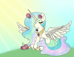 Size: 1280x991 | Tagged: safe, artist:ponycide, princess celestia, g4, eyes closed, female, flower, solo