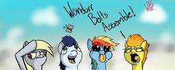 Size: 2000x800 | Tagged: safe, artist:greyscaleart, derpy hooves, rainbow dash, soarin', spitfire, butterfly, pegasus, pony, g4, :p, funny, silly, silly pony, tongue out, wonderbolts, wondurrbolts