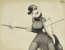 Size: 1280x1000 | Tagged: safe, artist:devs-iratvs, rarity, anthro, g4, armor, blood, breasts, busty rarity, chainmail, female, halberd, monochrome, shield, sketch, solo, weapon