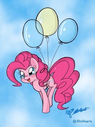 Size: 768x1024 | Tagged: safe, artist:altohearts, pinkie pie, earth pony, pony, g4, balloon, blushing, cute, diapinkes, female, flying, mare, open mouth, sky, solo, then watch her balloons lift her up to the sky