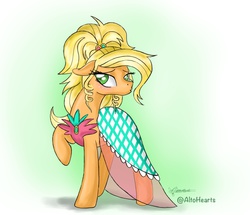 Size: 1664x1432 | Tagged: safe, artist:altohearts, applejack, g4, applejewel, blushing, clothes, dress, duckface, female, raised hoof, solo