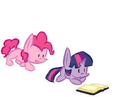 Size: 525x415 | Tagged: safe, artist:fuzzlepuzzle, pinkie pie, twilight sparkle, g4, :3, :<, animated, book, female, impossibly large ears, magic, pounce