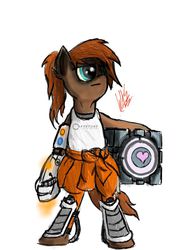Size: 595x800 | Tagged: safe, artist:greyscaleart, pony, bipedal, chell, companion cube, crossover, female, mare, portal (valve), portal 2, solo