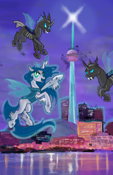 Size: 1650x2550 | Tagged: safe, artist:sophie scruggs, oc, oc only, oc:queen volucris, changeling, changeling queen, changeling queen oc, cn tower, earth, female, ice changeling