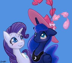 Size: 1235x1080 | Tagged: safe, artist:dmann892, princess luna, rarity, alicorn, pony, unicorn, g4, blue background, blushing, cute, fashion, feather, female, flower, hat, mare, pretty, simple background