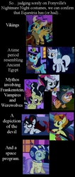 Size: 496x1173 | Tagged: safe, edit, edited screencap, screencap, alula, apple bloom, carrot top, golden harvest, lyra heartstrings, meadow song, pluto, raven, sassaflash, scootaloo, sunshower raindrops, sweetie belle, earth pony, pegasus, pony, unicorn, g4, luna eclipsed, animal costume, astronaut, bride of frankenstein, clothes, costume, cutie mark crusaders, devil costume, egyptian, frankenstein, frankenstein's bride, frankenstein's monster, hilarious in hindsight, image macro, meme, mummy, nightmare night, scootawolf, text, vampire costume, viking, wolf costume