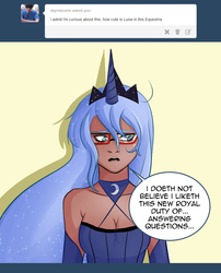 Size: 1280x1582 | Tagged: safe, artist:swain, princess luna, human, g4, ask-humans-from-equestria, cleavage, dark skin, female, glasses, humanized, solo, tumblr, ye olde butcherede englishe