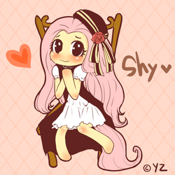 Size: 640x640 | Tagged: safe, artist:yaja, fluttershy, g4, anatomically incorrect, chair, clothes, female, incorrect leg anatomy, pixiv, sitting, solo