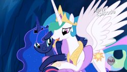 Size: 1253x706 | Tagged: safe, screencap, princess celestia, princess luna, twilight sparkle, alicorn, pony, g4, my little pony: friendship is magic, season 4, female, group hug, hug, licking, mare, maternaluna, momlestia, twilight sparkle (alicorn)