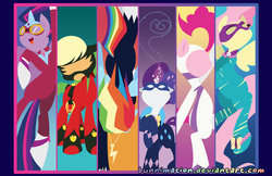Size: 600x388 | Tagged: safe, artist:bunnimation, applejack, fili-second, fluttershy, mistress marevelous, pinkie pie, radiance, rainbow dash, rarity, saddle rager, twilight sparkle, zapp, alicorn, pony, g4, power ponies (episode), female, mane six, mare, masked matter-horn costume, minimalist, poster, power ponies, twilight sparkle (alicorn)