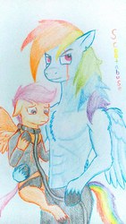 Size: 540x960 | Tagged: safe, artist:deadfactory-rd-brony, rainbow dash, scootaloo, anthro, g4, arm hooves, clothes, duo, rainbow blitz, rule 63, scooteroll, topless