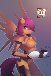 Size: 1483x2197 | Tagged: safe, artist:antiander, scootaloo, android, gynoid, pegasus, robot, anthro, g4, crossover, female, personality core, portal (valve), portal gun, rick, roboticization, scootabot, solo