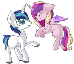 Size: 1000x869 | Tagged: safe, artist:rue-willings, princess cadance, shining armor, g4, blank flank, eyes closed, female, floppy ears, flying, happy, horn, horns are touching, husbandhorse, male, mare, missing accessory, raised hoof, simple background, smiling, stallion, transparent background, underhoof, unshorn fetlocks, vector, wifehorse