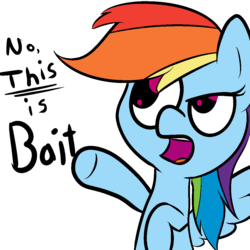 Size: 1100x1100 | Tagged: safe, artist:cosmonaut, rainbow dash, g4, female, juxtaposition bait, meta, pointing, solo, this is bait