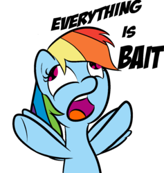 Size: 1200x1268 | Tagged: safe, artist:cosmonaut, rainbow dash, g4, derp, female, juxtaposition bait, meta, open mouth, reaction image, simple background, solo, this is bait, white background, wide eyes