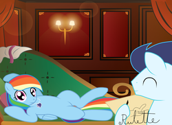 Size: 1024x745 | Tagged: safe, artist:rulette, rainbow dash, soarin', g4, couch, draw me like one of your french girls, drawing, female, heart of the ocean, lying, male, necklace, on back, parody, ship:soarindash, shipping, smiling, straight, titanic