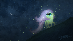 Size: 1920x1080 | Tagged: safe, artist:jamey4, artist:nianara, fluttershy, firefly (insect), g4, female, glowing, moon, night, solo, vector, wallpaper