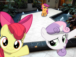 Size: 1277x958 | Tagged: safe, artist:digitalpheonix, artist:suxtonhael, artist:uxyd, apple bloom, scootaloo, sweetie belle, earth pony, pegasus, pony, unicorn, g4, cutie mark crusaders, irl, long neck, photo, photobomb, ponies in real life, shadow, sweetie giraffe, trio, vector, water fountain
