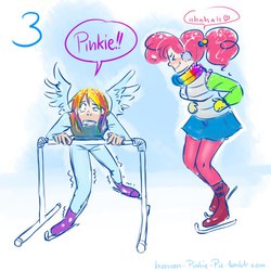 Size: 800x800 | Tagged: safe, artist:glasmond, pinkie pie, rainbow dash, human, g4, clothes, dialogue, humanized, ice skating, scarf, startled, winged humanization