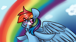 Size: 900x500 | Tagged: safe, artist:burgerlicious, rainbow dash, pegasus, pony, g4, blushing, day, female, large wings, looking up, rainbow, sky, solo, wings