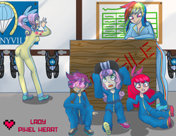 Size: 3850x2975 | Tagged: safe, artist:ladypixelheart, apple bloom, fluttershy, rainbow dash, scootaloo, sweetie belle, human, g4, air ponyville, clothes, cutie mark crusaders, goggles, hiding, high res, humanized, jumpsuit, oversized clothes, parachute