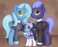 Size: 1859x1500 | Tagged: safe, artist:fearingfun, oc, oc only, oc:cobalt, oc:nightwatch, oc:serenity, pegasus, pony, unicorn, adopted offspring, clothes, dress, family, gay, looking at you, male, necktie, nightwatch, not trixie, oc x oc, raised hoof, saddle, shipping, smiling, socks, stallion, suit