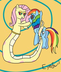 Size: 825x969 | Tagged: safe, artist:eyeswirl, fluttershy, rainbow dash, lamia, original species, g4, coils, fluttersnake, hypno dash, kaa eyes, lamiafied, lamiashy, mind control, species swap