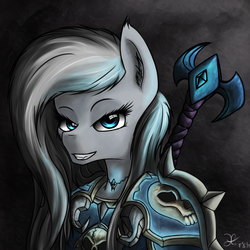 Size: 1000x1000 | Tagged: safe, artist:ho7y5hoxx, oc, oc only, oc:nicy, armor, bedroom eyes, bust, death knight, grin, jewelry, lidded eyes, looking at you, necklace, smiling, solo, sword, warcraft, weapon, world of warcraft