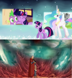 Size: 1280x1376 | Tagged: safe, edit, edited screencap, screencap, princess celestia, spike, twilight sparkle, alicorn, human, pony, unicorn, g4, magical mystery cure, a light in the dark, ascension realm, coincidence, comparison, hug, korra, princess celestia's special princess making dimension, tenzin, the legend of korra, tree of time, unicorn twilight, void