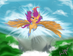 Size: 1300x1000 | Tagged: safe, artist:zakkurro, scootaloo, g4, female, flying, scootaloo can fly, solo