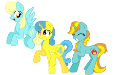 Size: 5360x3280 | Tagged: safe, artist:sketchstar-mids-sis, firecracker burst, lemon hearts, sassaflash, pegasus, pony, unicorn, g4, female, flying, mare, smiling, trio, walking