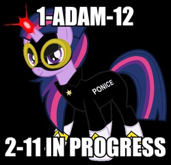 Size: 531x512 | Tagged: safe, artist:dowlphin, twilight sparkle, g4, adam-12, female, image macro, masked matter-horn costume, meme, police, power ponies, solo