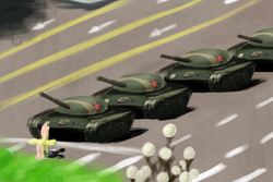 Size: 1500x1000 | Tagged: safe, artist:kopaleo, fluttershy, pegasus, pony, g4, authoritarianism, china, female, grass, mare, parody, ponified, solo focus, spread wings, street, tank (vehicle), tank man, tiananmen square, type 59